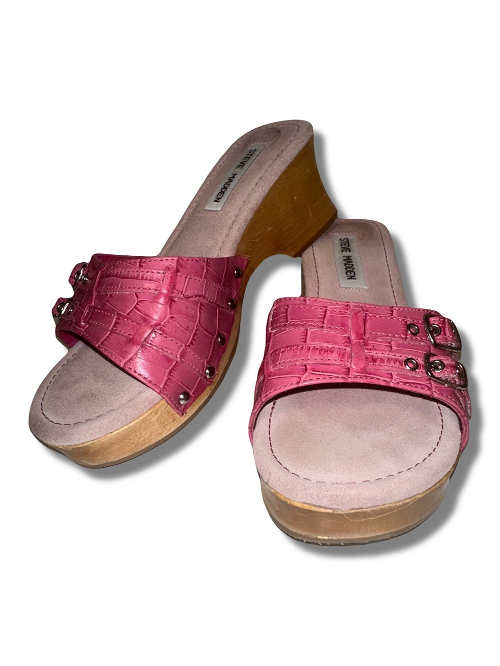Vtg 90s-Y2K Pink Croc Embossed Buckle Wedge Sandals